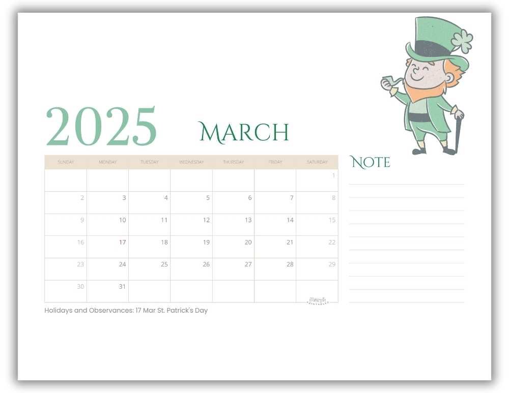 Printable Monthly Calendar March 2025 Cute St. Patrick-Themed with US Holidays