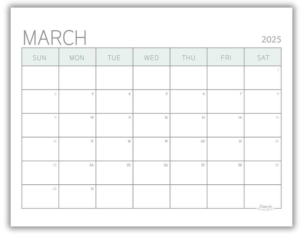 Printable Monthly Calendar March 2025 Green Minimalist Free Template
