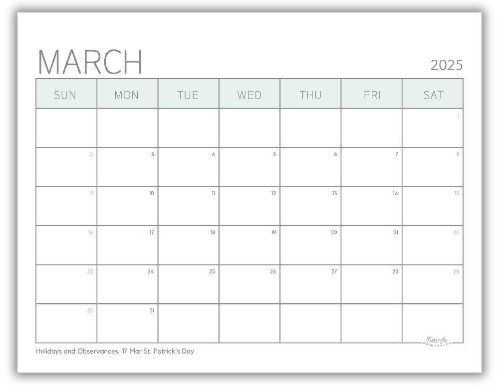 Printable Monthly Calendar March 2025 Green Minimalist with US Holidays