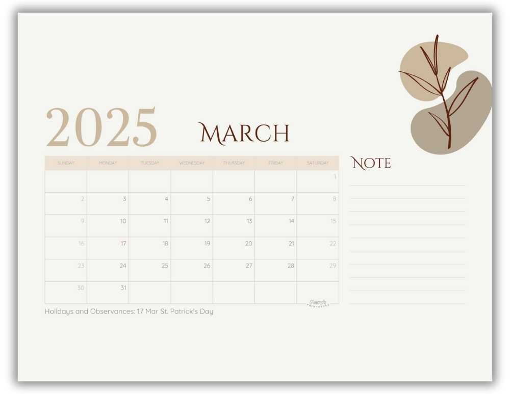 Printable Monthly Calendar March 2025 Neutral Minimalist with US Holidays