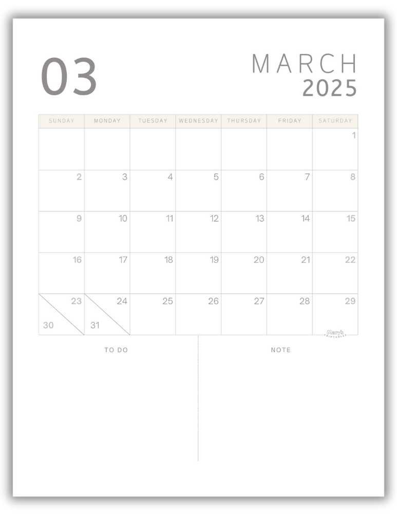 Printable Monthly Calendar March 2025 Classic Minimalist Free Template
