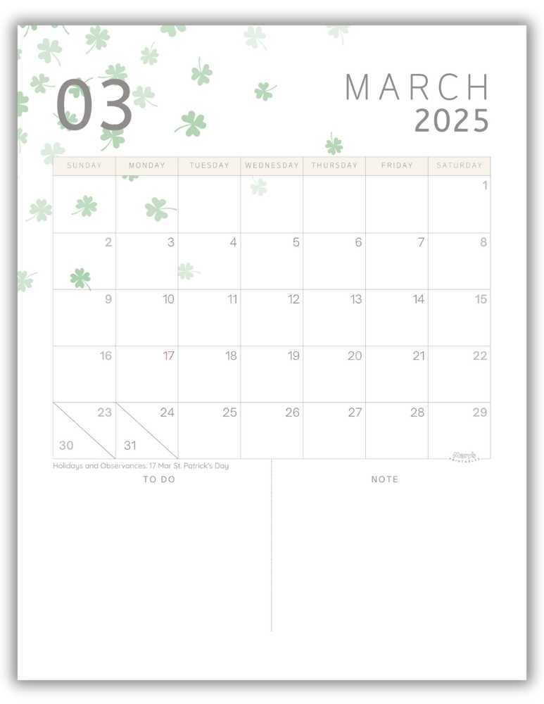 Printable Monthly Calendar March 2025 Classic St. Patrick-Themed with US Holidays