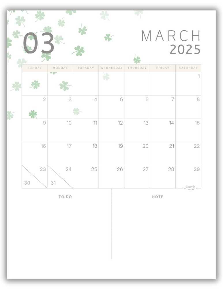Printable Monthly Calendar March 2025 Classic St. Patrick-Themed Free Template