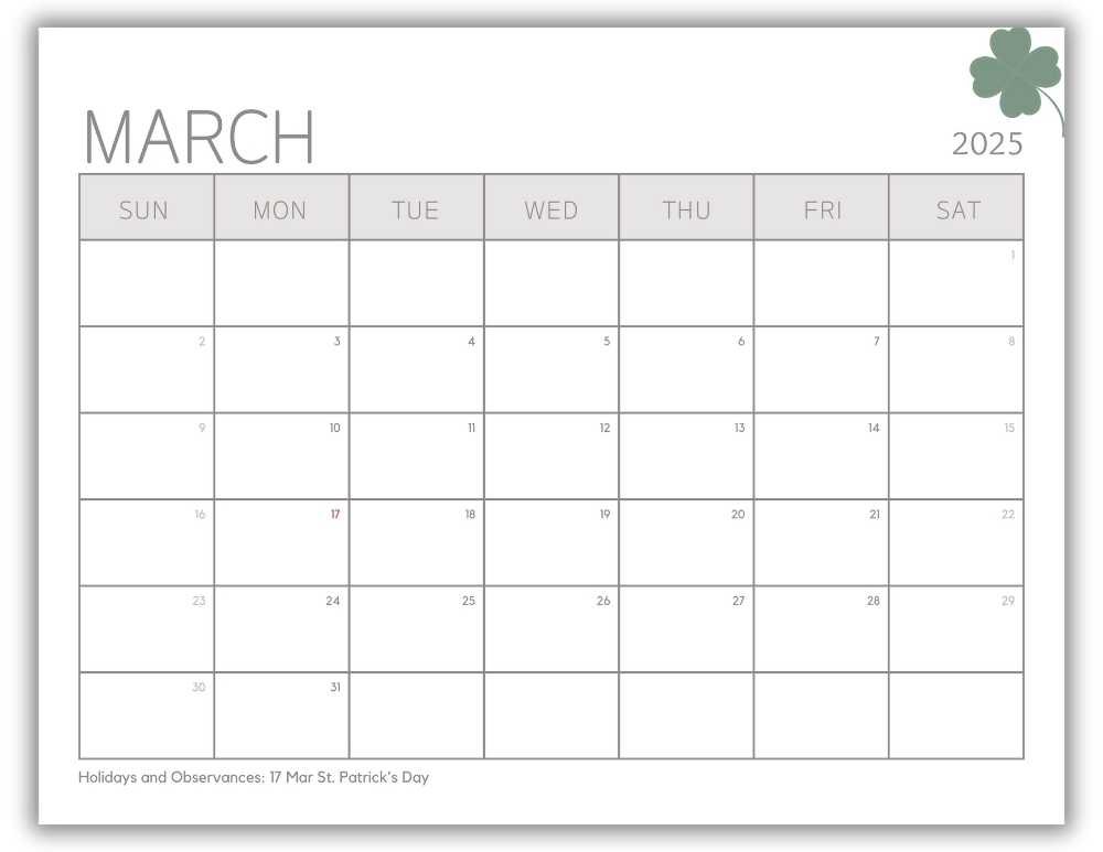Printable Monthly Calendar March 2025 Minimalist St. Patrick-Themed with US Holidays