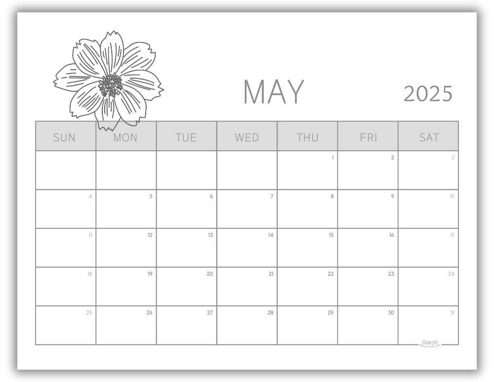 Printable Monthly Calendar for May 2025 Black and White Floral Free Template