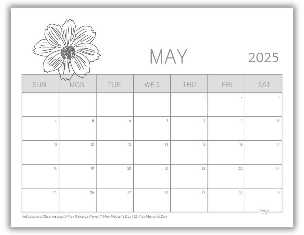 Printable Monthly Calendar for May 2025 Black and White Floral with US Holidays