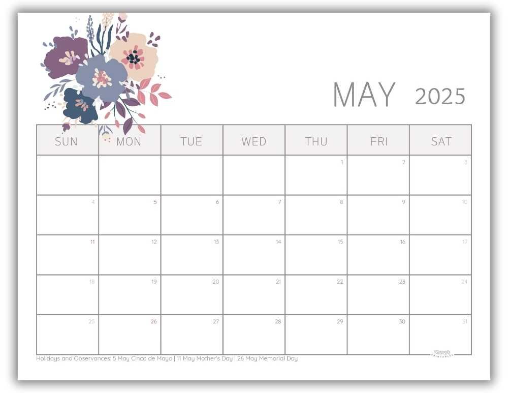 Printable Monthly Calendar for May 2025 Lovely Floral with US Holidays