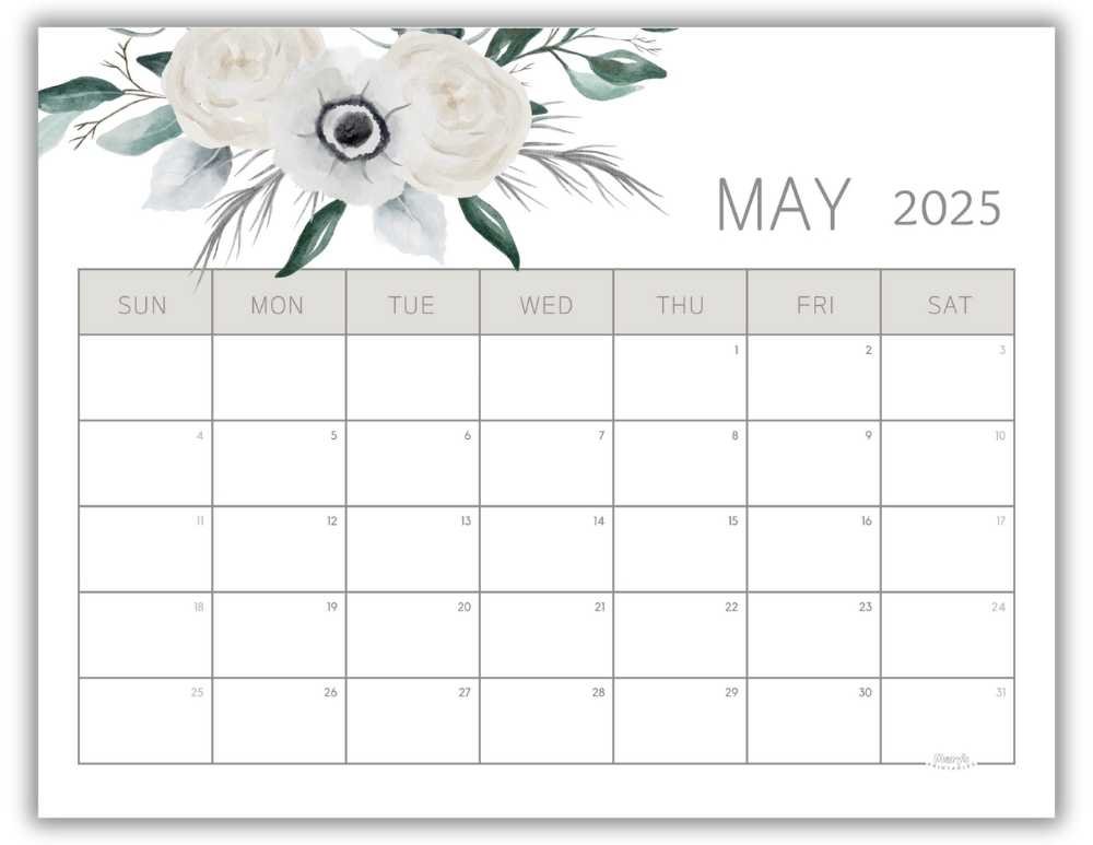 Printable Monthly Calendar for May 2025 Watercolor Floral Free Template