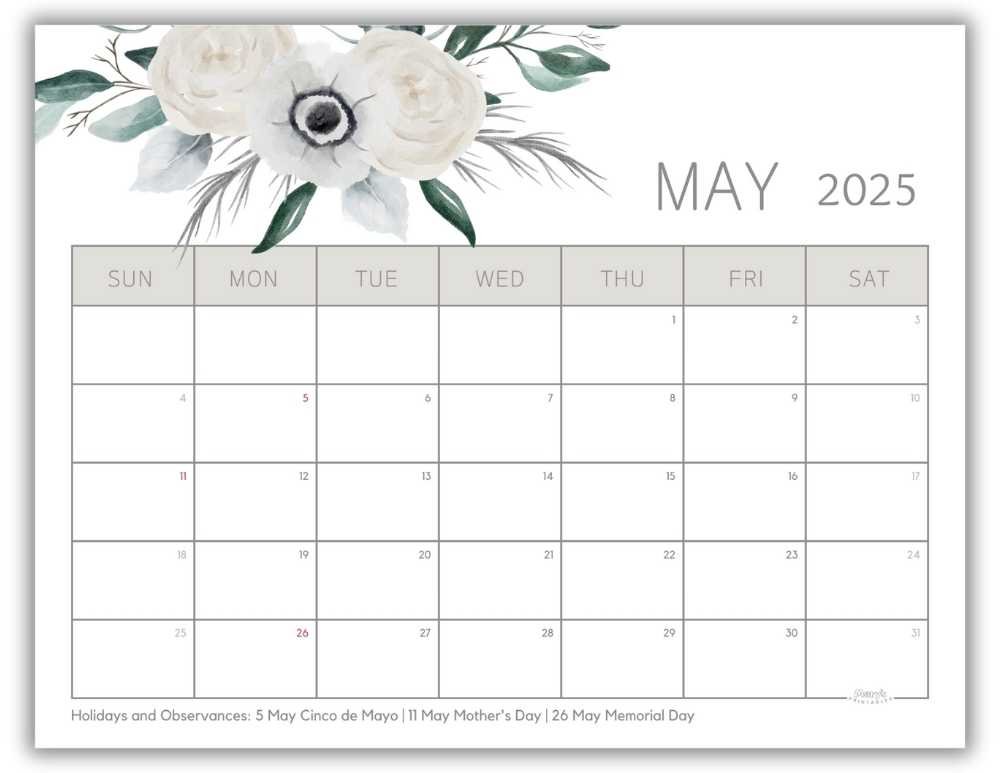 Printable Monthly Calendar for May 2025 Watercolor Floral with US Holidays