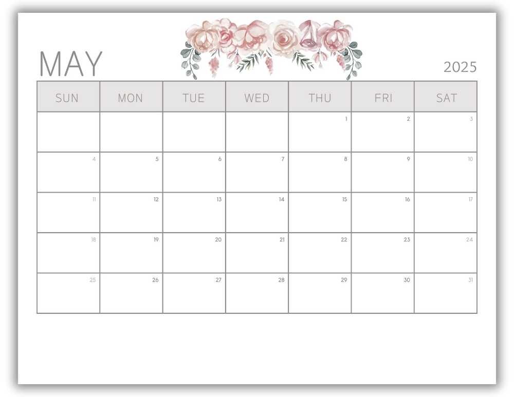 Printable Monthly Calendar for May 2025 Minimalist Mother's Day-Themed Free Template