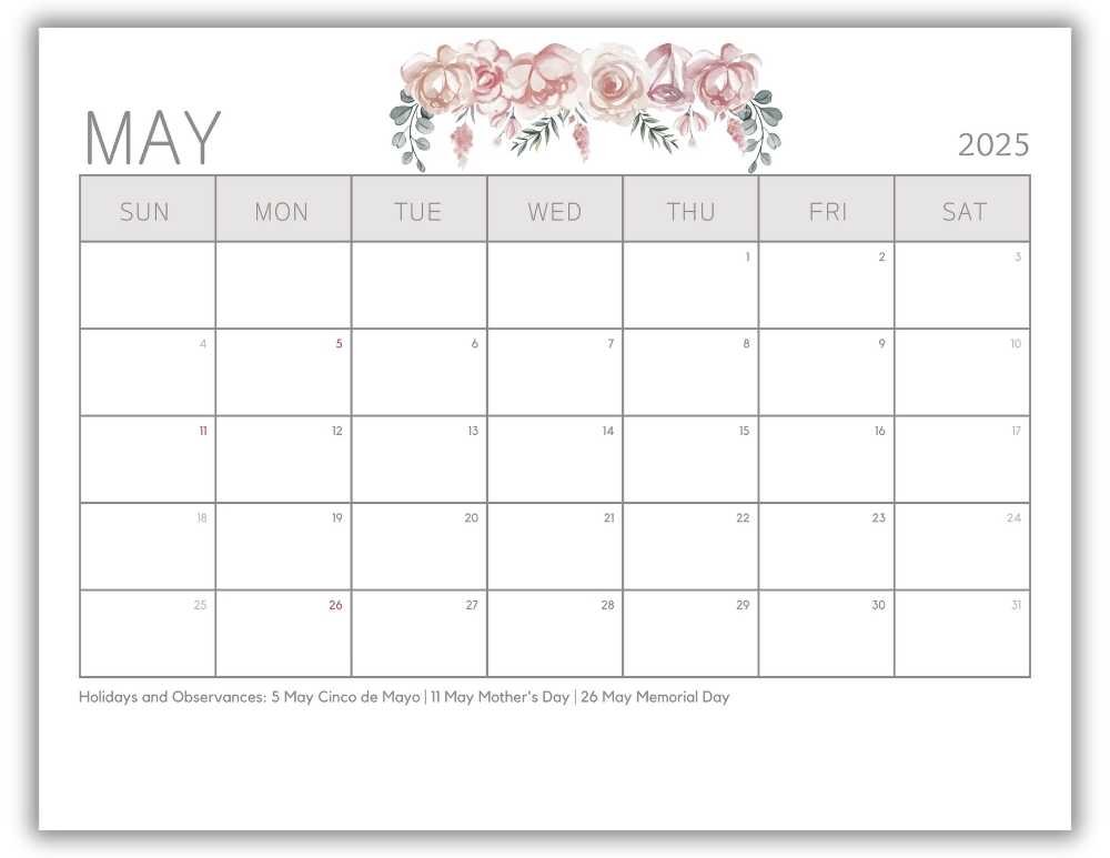 Printable Monthly Calendar for May 2025 Minimalist Mother's Day-Themed with US Holidays