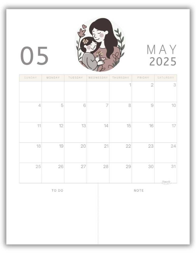 Printable Monthly Calendar for May 2025 Cute Mother's Day-Themed Free Template
