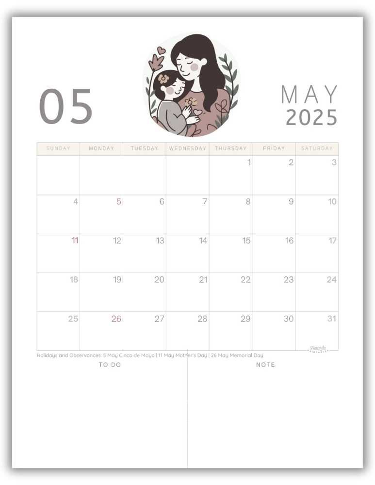 Printable Monthly Calendar for May 2025 Cute Mother's Day-Themed with US Holidays