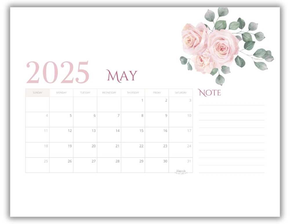 Printable Monthly Calendar for May 2025 Classic Mother's Day-Themed Free Template