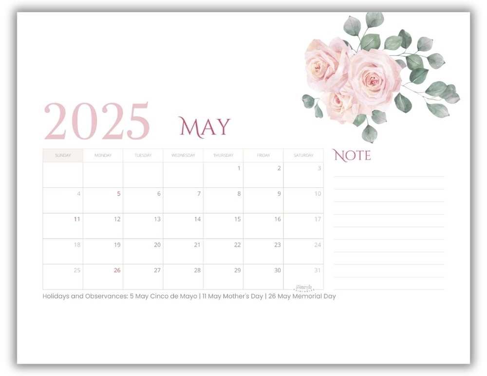 Printable Monthly Calendar for May 2025 Classic Mother's Day-Themed with US Holidays