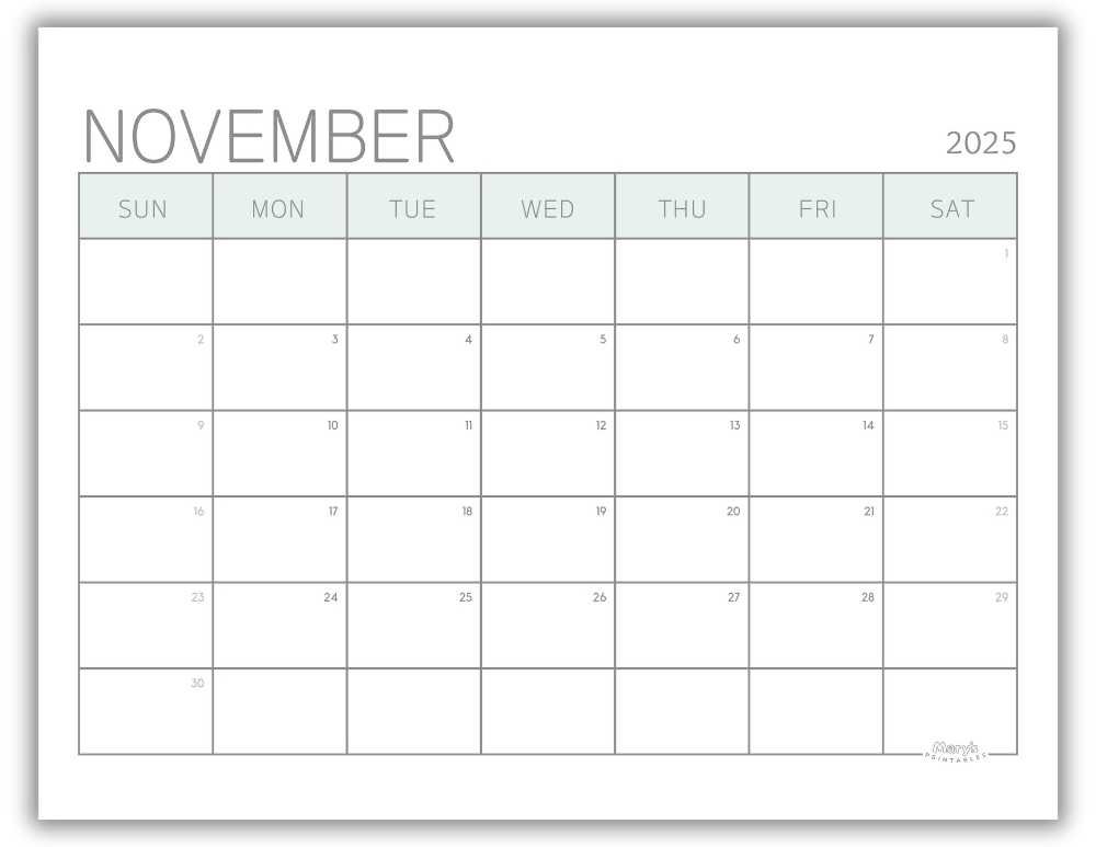 Printable Monthly Calendar for November 2025 Green Minimalist Free Template