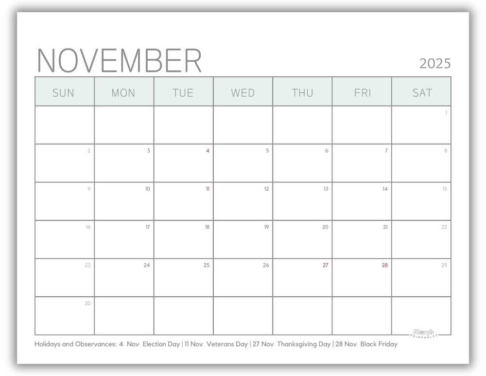 Printable Monthly Calendar for November 2025 Green Minimalist with US Holidays