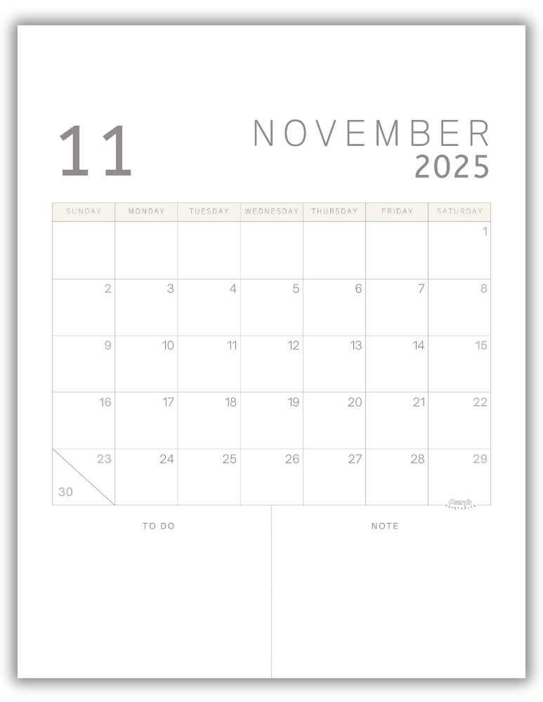 Printable Monthly Calendar for November 2025 Classic Minimalist Free Template