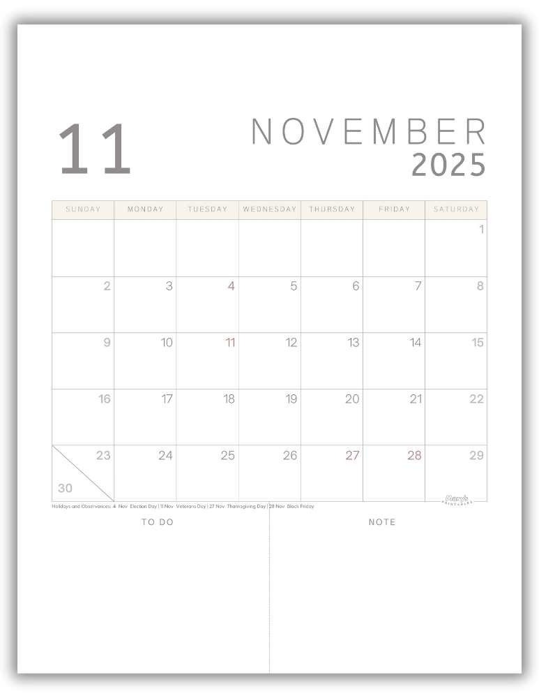 Printable Monthly Calendar for November 2025 Classic Minimalist with US Holidays