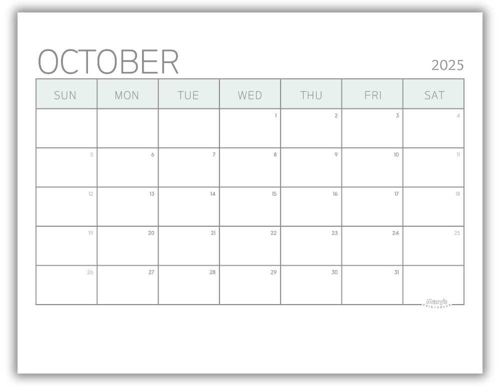 Printable Monthly Calendar for October 2025 Green Minimalist Free Template