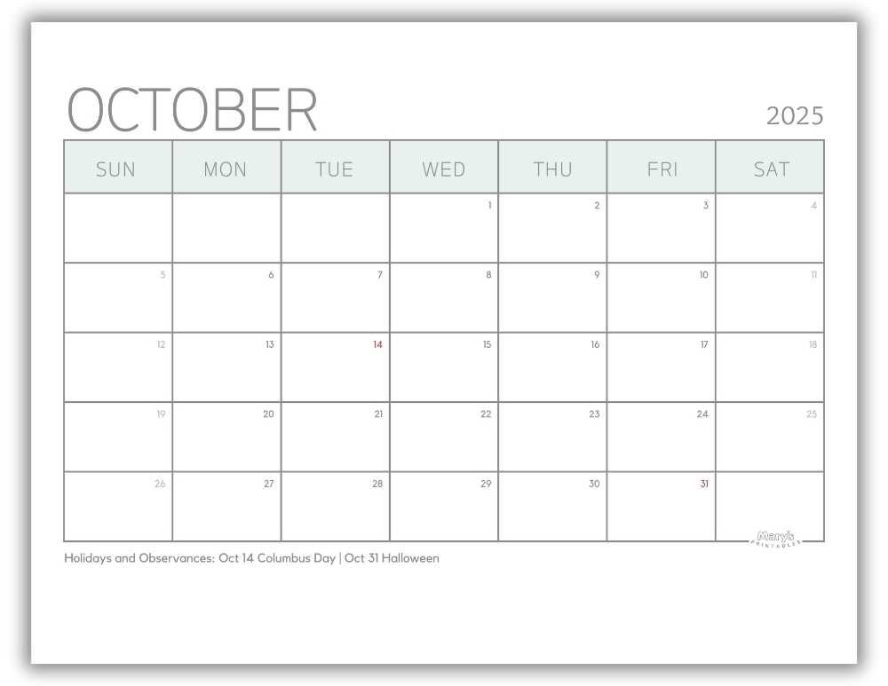 Printable Monthly Calendar for October 2025 Green Minimalist with US Holidays