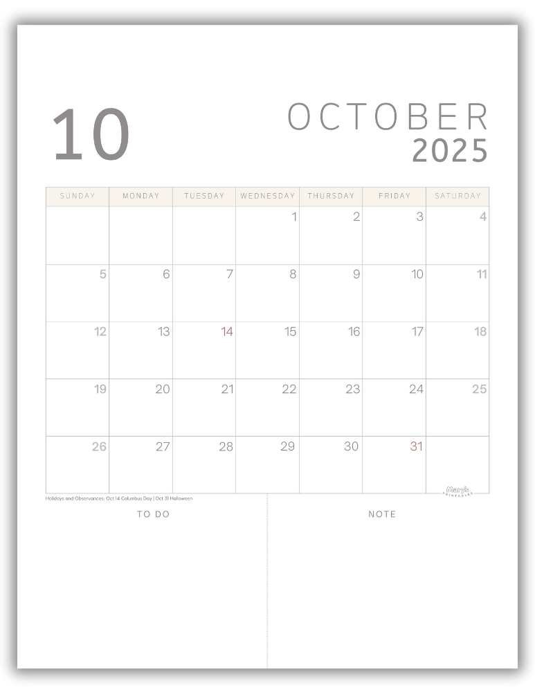 Printable Monthly Calendar for October 2025 Classic Minimalist with US Holidays