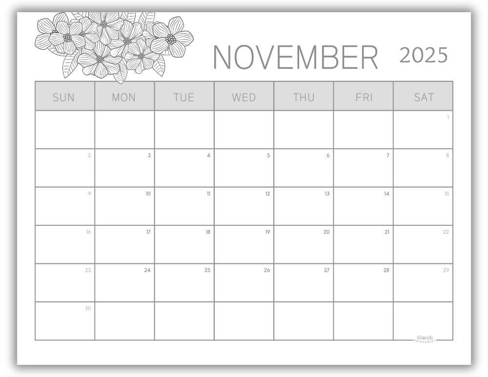 Printable Monthly Calendar for November 2025 Black and White Floral Free Template