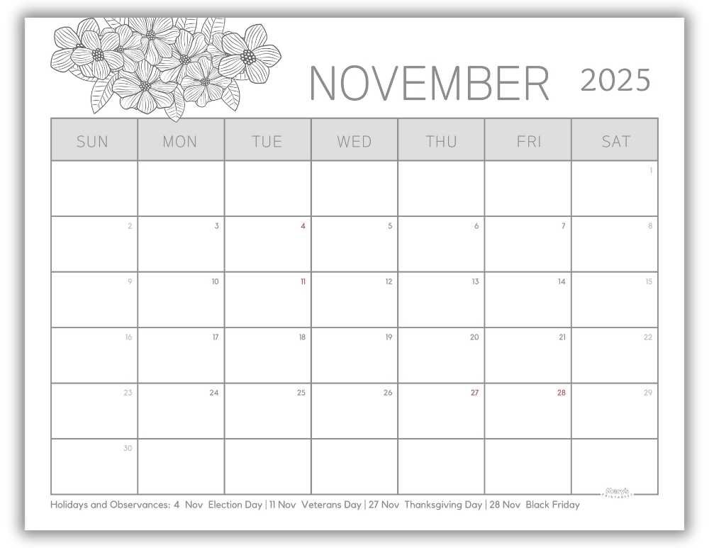 Printable Monthly Calendar for November 2025 Black and White Floral with US Holidays