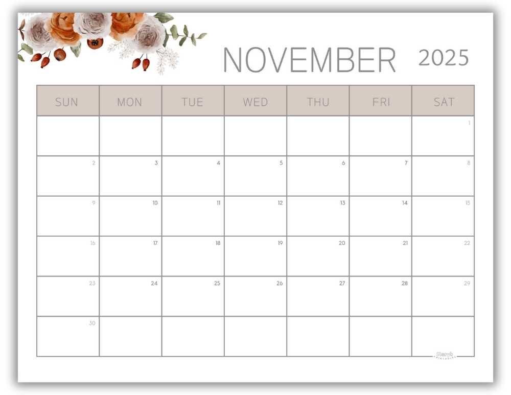 Printable Monthly Calendar for November 2025 Watercolor Floral Free Template