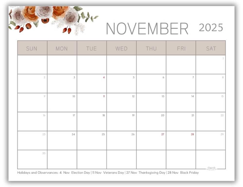 Printable Monthly Calendar for November 2025 Watercolor Floral with US Holidays