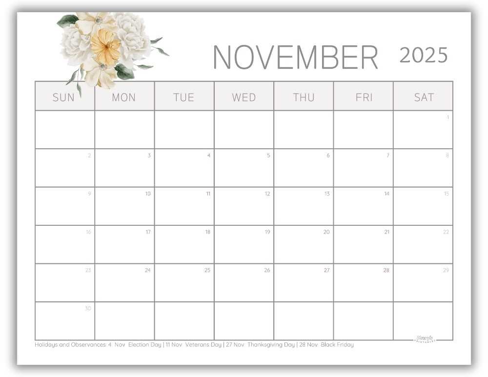 Printable Monthly Calendar for November 2025 Lovely Floral with US Holidays
