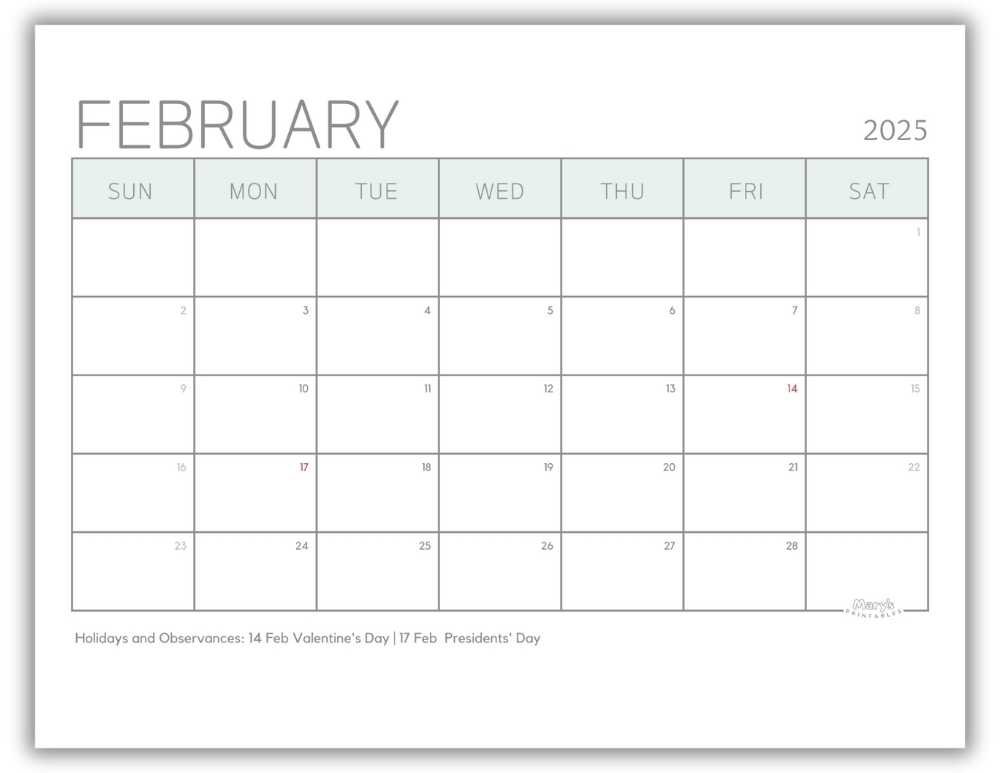 Printable Monthly Calendar February 2025 Classic Minimalist with US Holidays