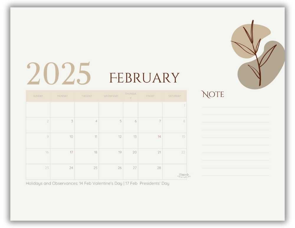Printable Monthly Calendar February 2025 Neutral Minimalist with US Holidays
