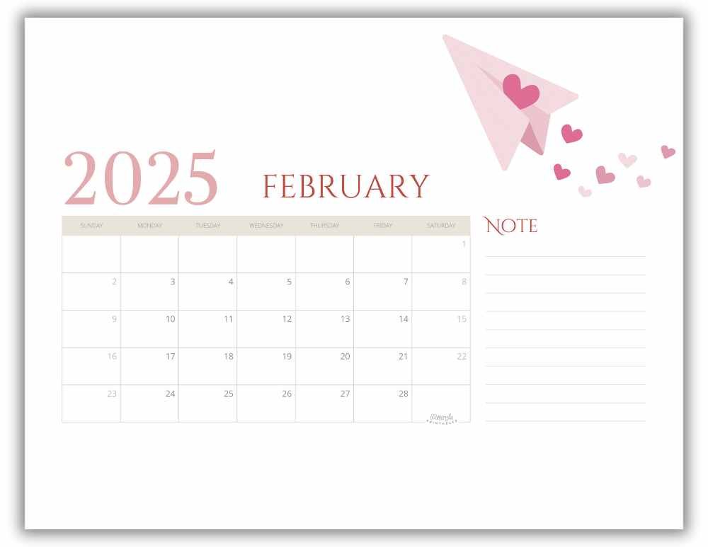 Printable Monthly Calendar February 2025 Cute Valentine-Themed Free Template