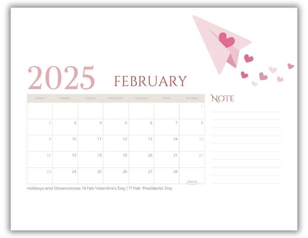 Printable Monthly Calendar February 2025 Cute Valentine-Themed with US Holidays
