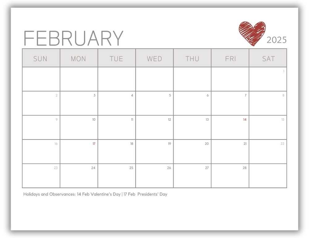 Printable Monthly Calendar February 2025 Minimalist Valentine-Themed with US Holidays