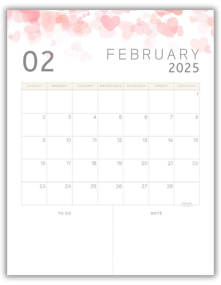 Printable Monthly Calendar February 2025 Classic Valentine-Themed Free Template