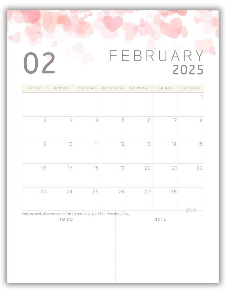 Printable Monthly Calendar February 2025 Classic Valentine-Themed with US Holidays