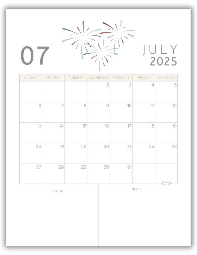 Printable Monthly Calendar for July 2025 Cute Independence Day-Themed Free Template