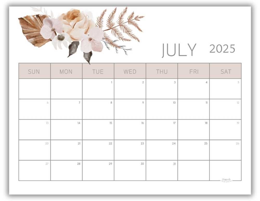 Printable Monthly Calendar for July 2025 Watercolor Floral Free Template