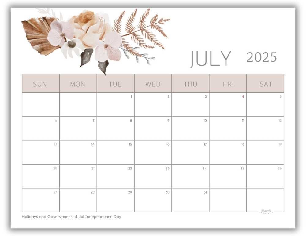 Printable Monthly Calendar for July 2025 Watercolor Floral with US Holidays