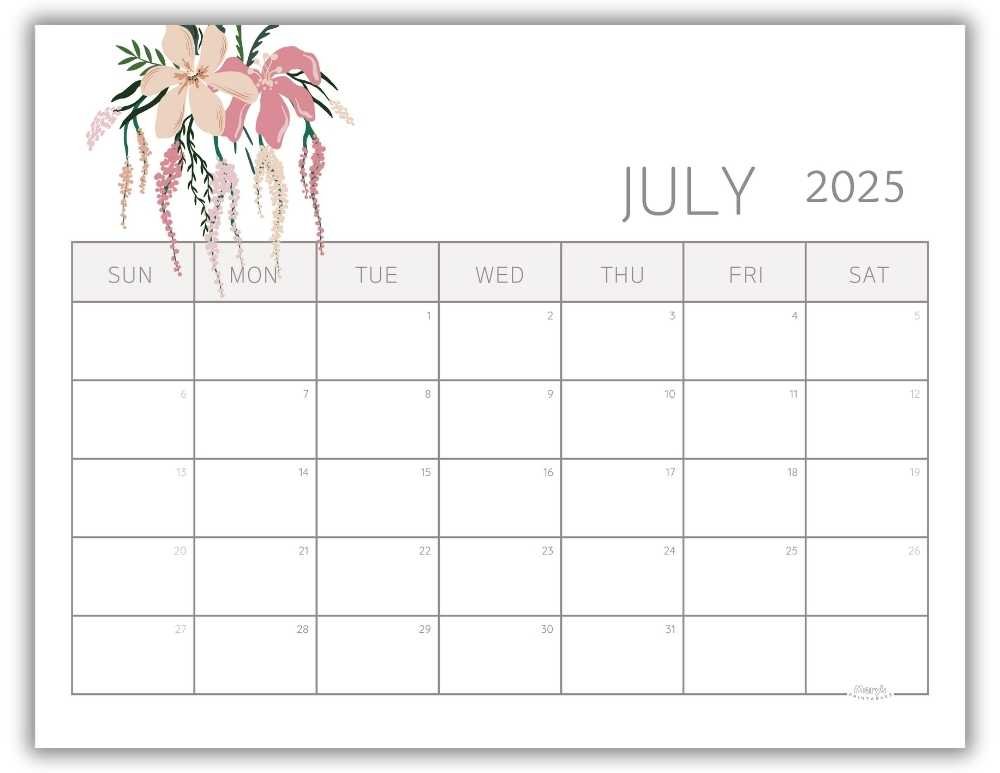 Printable Monthly Calendar for July 2025 Lovely Floral Free Template