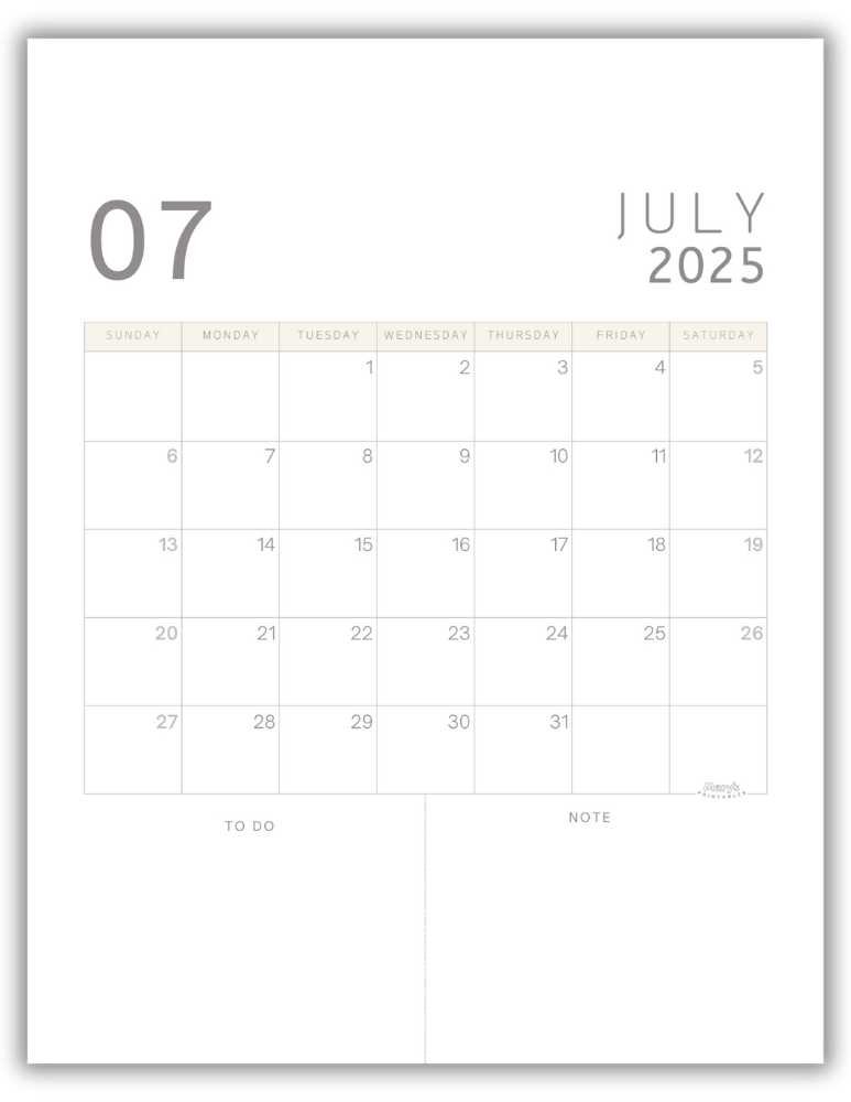Printable Monthly Calendar for July 2025 Classic Minimalist Free Template
