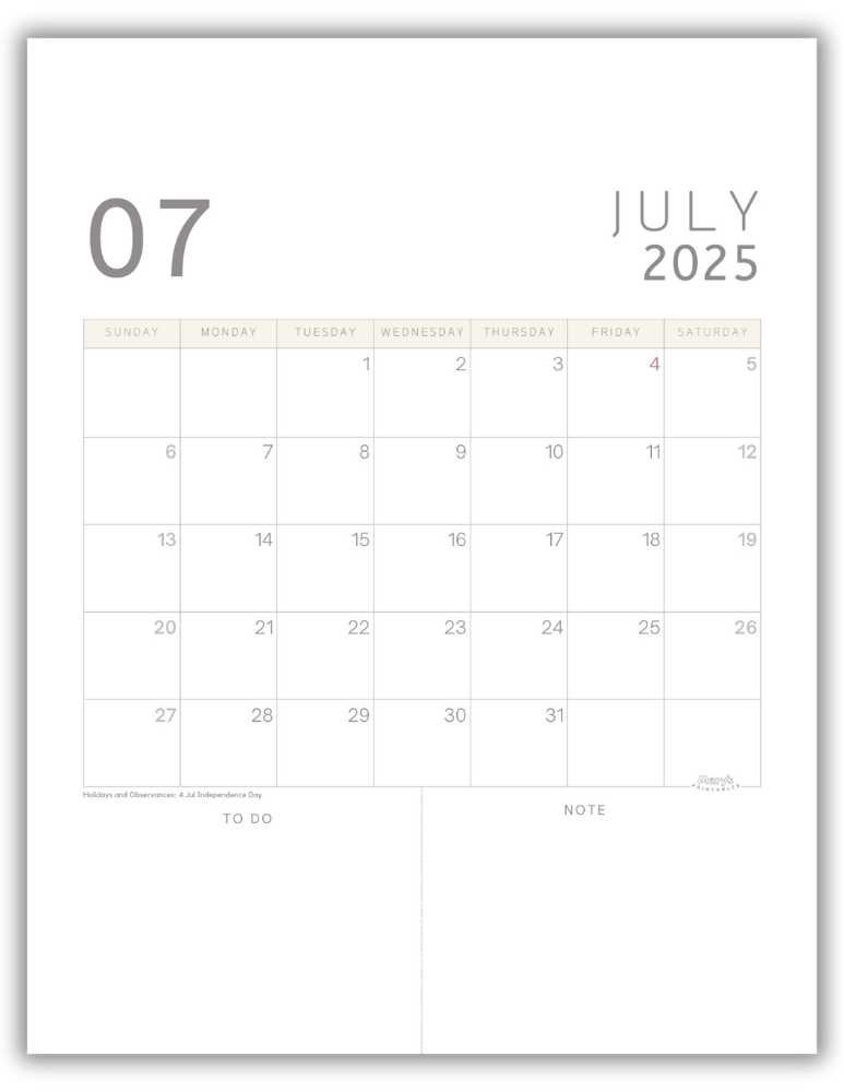 Printable Monthly Calendar for July 2025 Classic Minimalist with US Holidays