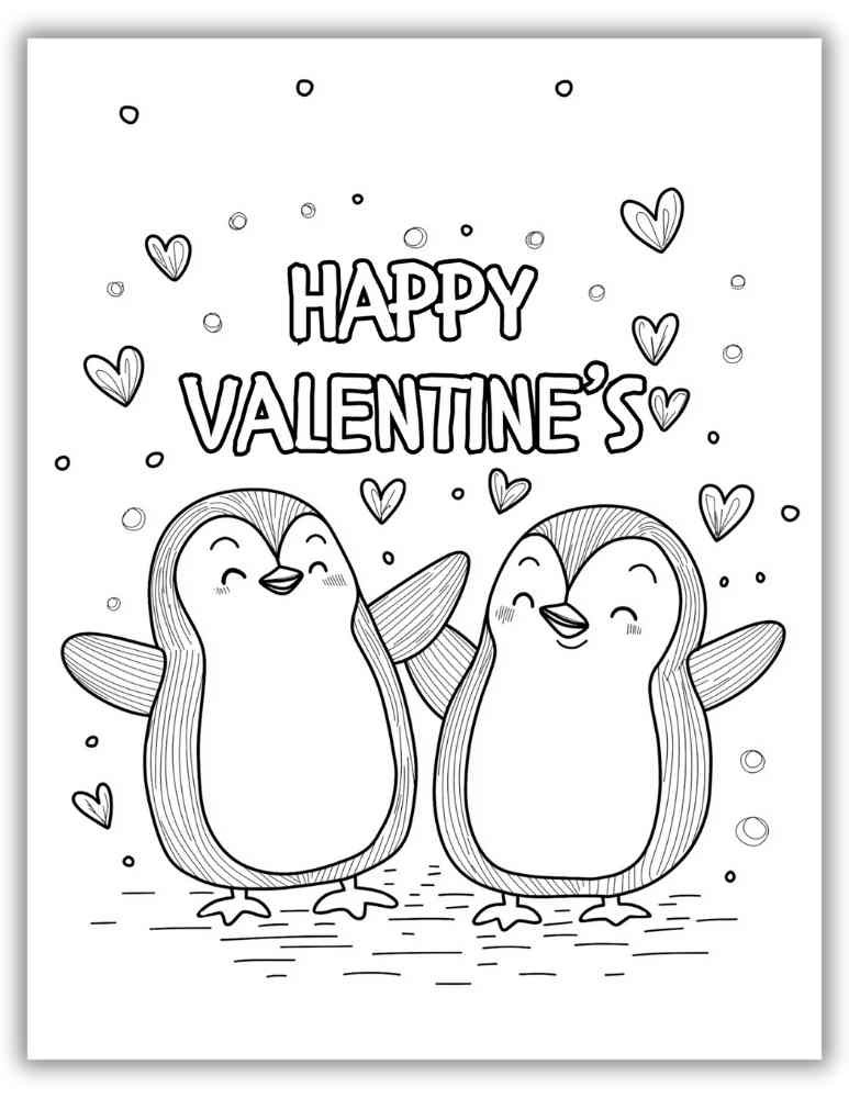 Printable Valentine's Day Coloring Page - Cute Penguins