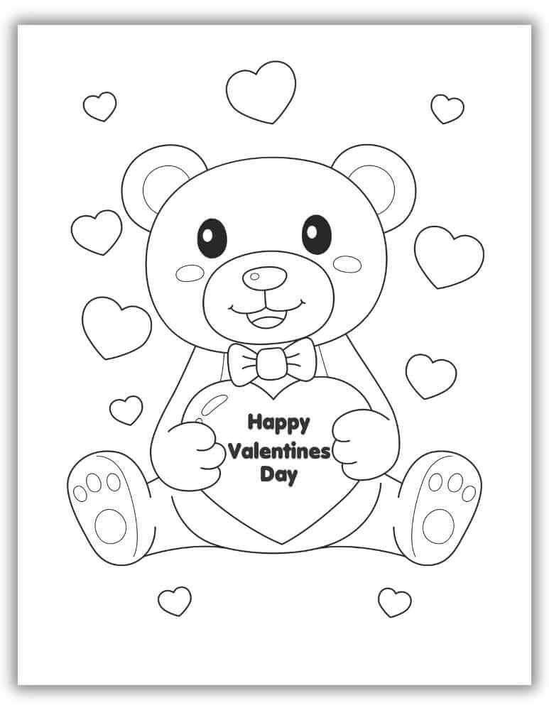 Happy Valentines Teddy Bear Coloring Page