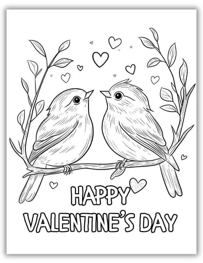 Free Download Happy Valentines Day Coloring Page with Cute Birds