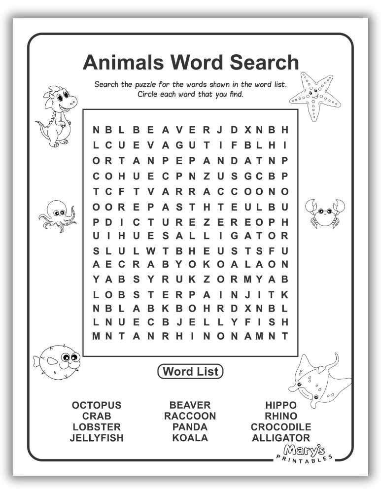 Animal Word Search Printable for Free - Page 1