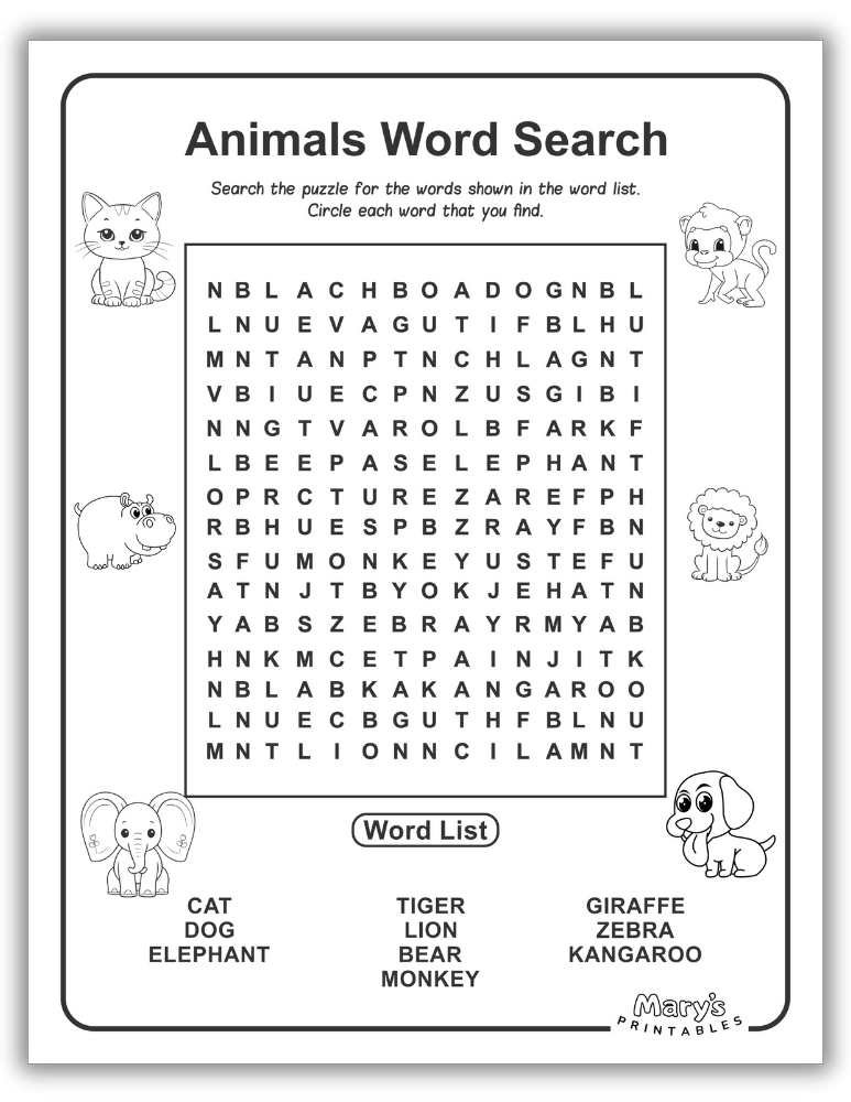 Free Page 4 of Animals Word Search Printable
