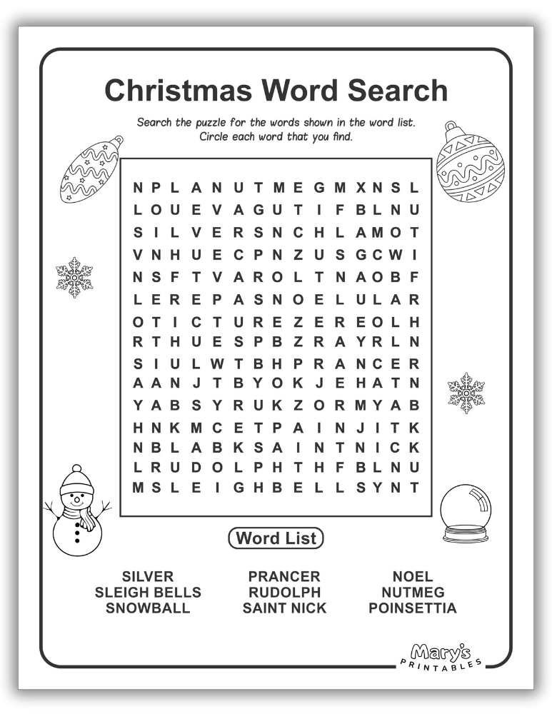 Free printable Christmas word search featuring festive holiday terms, available for download in high-definition PDF (Page 1).